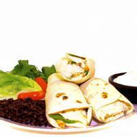 Chicken burrito cabo bobs with black beans white rice queso saulted onions lettuce chiplte crema sauce