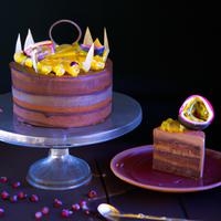 Chocolate cake with berries and passion fruit