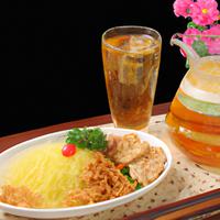 Dry noodle with fried pork chop and chrysanthemum tea with cactus pearls