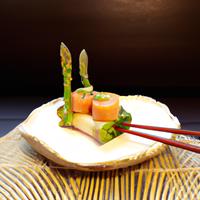 Flamed salmon asparagus sushi