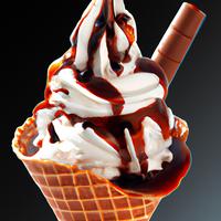 Ice cream cone with whipped cream and chocolate syrup