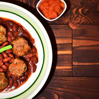 Meatballs five beans and sauce
