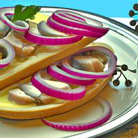 Open-faced sandwich with pickled onions and fish