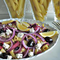 Pasta with lemon dressing olives fetta and red onion
