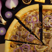 Pizza slice with meat and onions