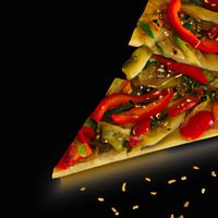 Slice of pizza with vegetables and sesame seeds