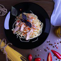 Spaghetti with chicken and prosciutto