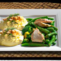 White cheddar chicken broccoli grits and green beans with almonds