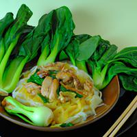 Wide rice noodles with chicken and bok choy