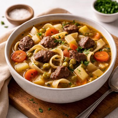 A bowl of homemade beef vegetable noodle soup