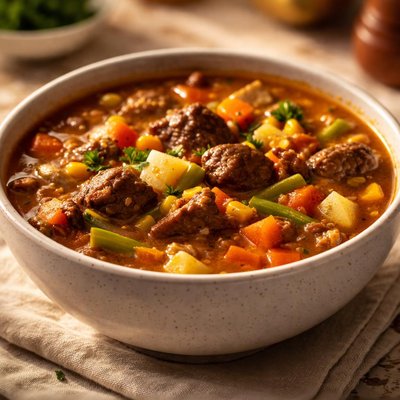 A bowl of homemade beef vegetable soup
