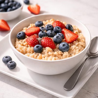 A bowl of oatmeal with blueberries and strawberries