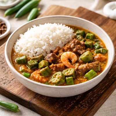 A bowl of rice with okra soup