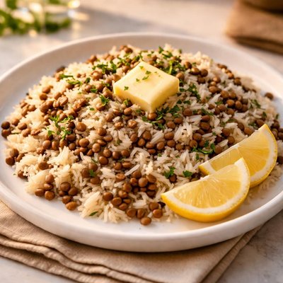 A plate of rice and lentils with some butter and lemon