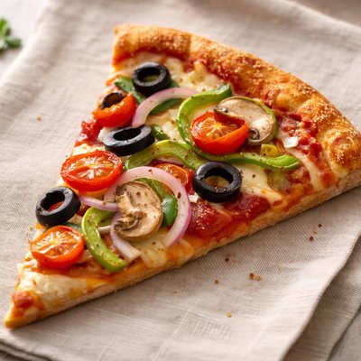 A slice of medium veggie pizza