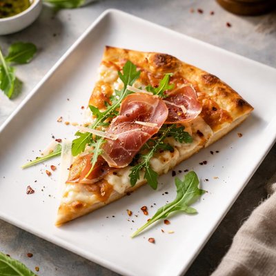 A slice of pizza with prosciutto