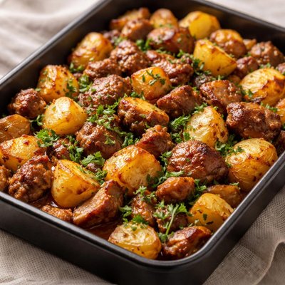 A tray of potatoes with meat