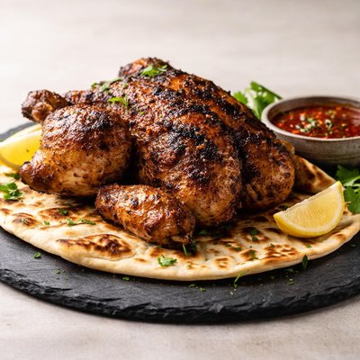 A whole grilled chicken with sauce and thin bread
