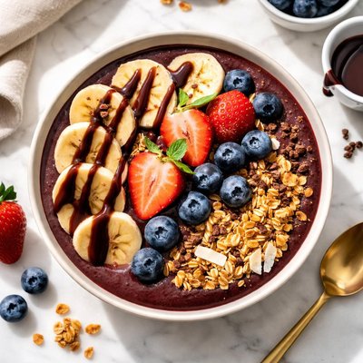 Acai bowl with chocolate syrup