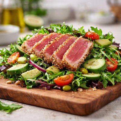 Ahi tuna salad with cucumbers and greens