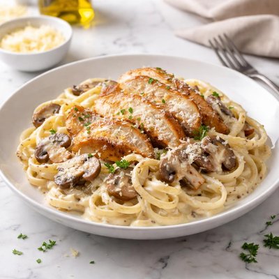 Alfredo pasta with chicken and mushrooms
