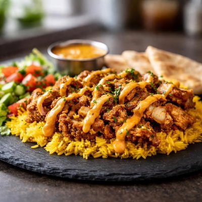 Ali baba kebab chicken shwarma over rice with spicy sauce normal size
