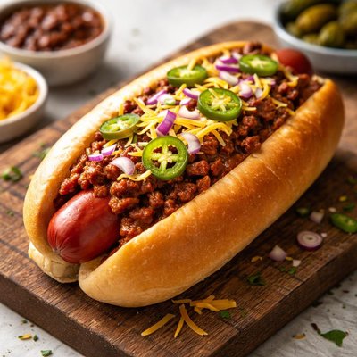 All beef preservative free chili dog