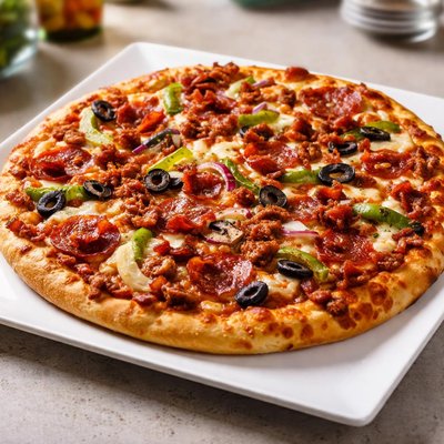 All dressed pizza with bacon