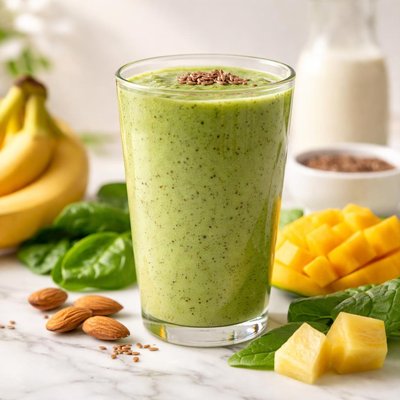 杏仁奶香蕉芒果菠萝菠菜果汁加亚麻籽