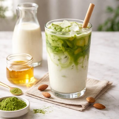 Almond milk matcha latte with simple syrup