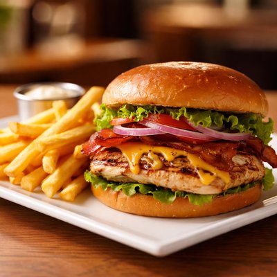 Amc grilled chicken sandwich wirh fries