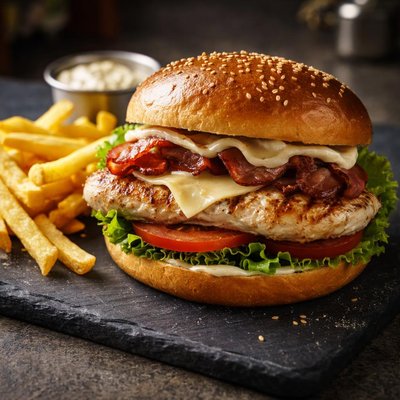 Amc grilled chicken sandwich with fries
