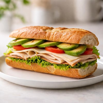 Andersen bakery turkey avocado swiss sandwich on baguette
