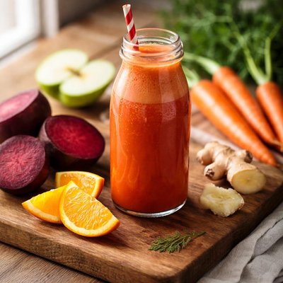 Jugo prensado en frío de manzana zanahoria naranja remolacha jengibre