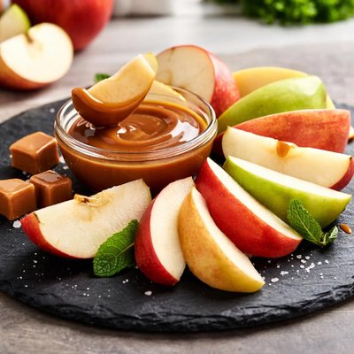 Apple slices with caramel sauce