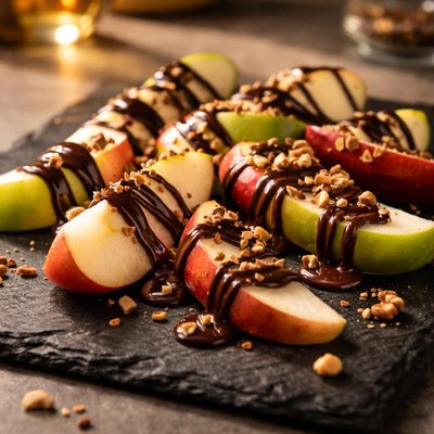 Apple slices with chocolate drizzle