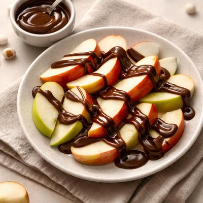Apple slices with chocolate sauce