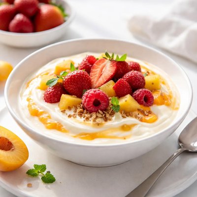 Apricot yogurt with strawberries and rasberry