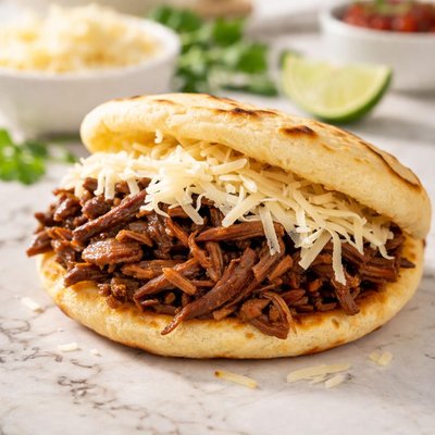 Arepa with shredded beef and cheese