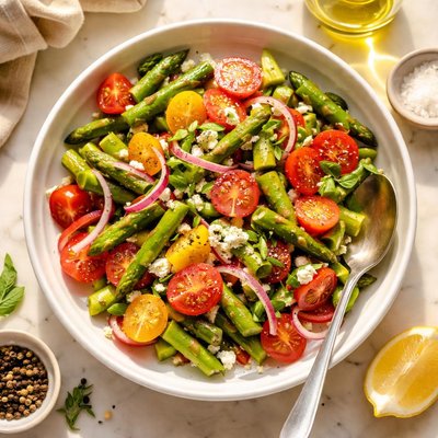 Asparagus tomatoe and onion salad
