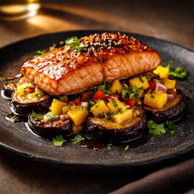 Aubergine mango salmon