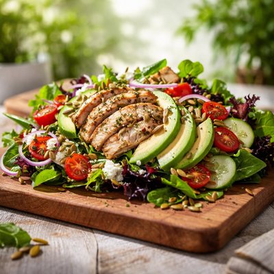 Avocado chicken mesclun salad