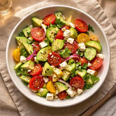 牛油果黄瓜番茄和飞达奶酪沙拉