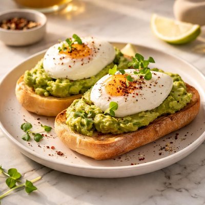 Avocado toast and eggs on a chibatta roll