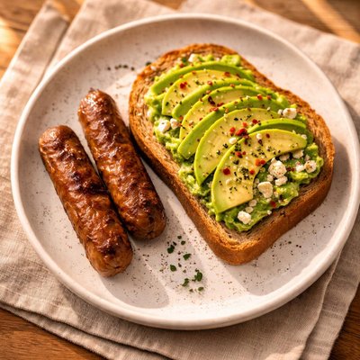 Aguacate tostado en pan integral con dos salchichas Jimmy Dean.