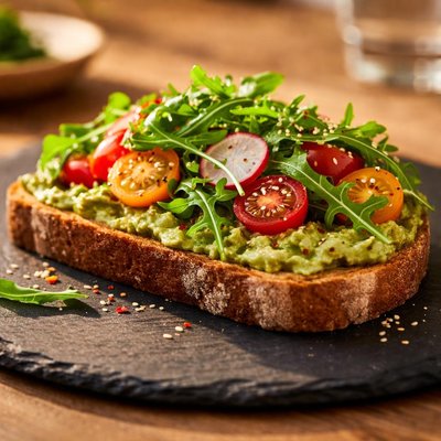 Avocado toast with arugula and tomatoes