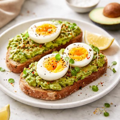 Avocado toast with boiled eggs