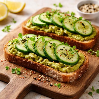Avocado toast with cucumber slices