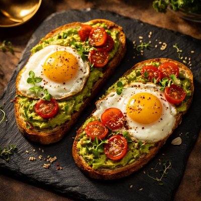 Avocado toast with egg and tomato