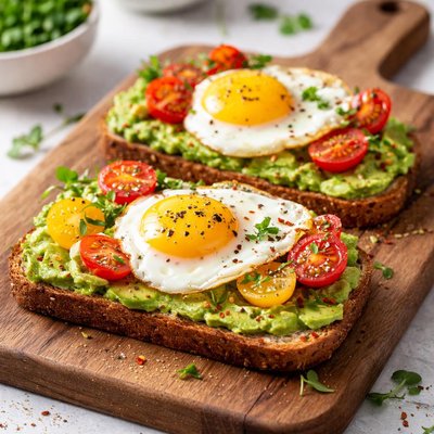 Avocado toast with egg and tomatoes